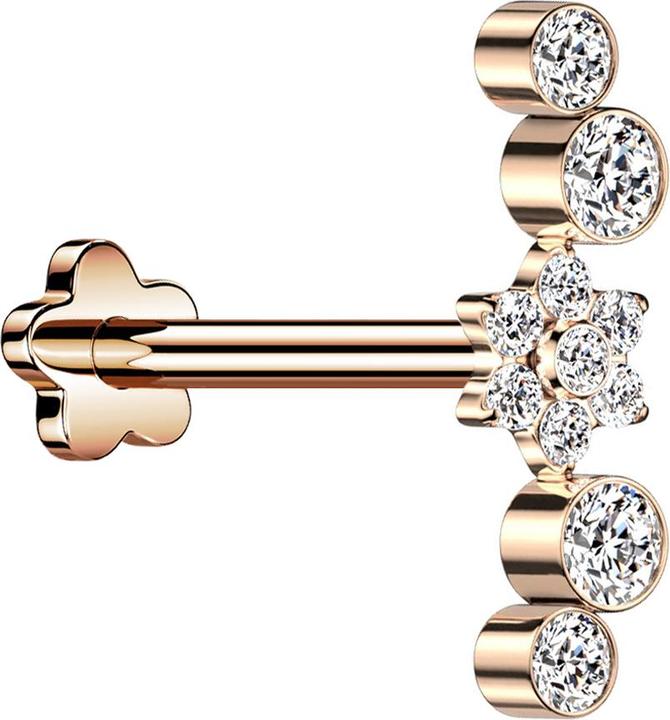 Star Piercing Micro Threadless Labret Blume rosegold Blume Kristalle silber vier Kristalle (ohne Messing, Titan G23)