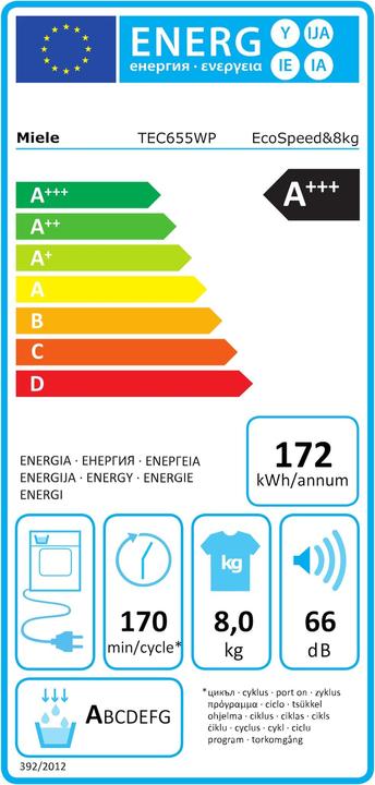 Label énergétique Miele Wärmepumpen-Trockner TEC655WP EcoSpeed&8kg (8 kg, Gauche)