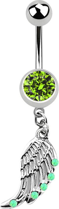 Star Piercing Banane silber mit Anhänger Flügel und Opal hellgrün (ohne Messing, Chirurgenstahl 316L)