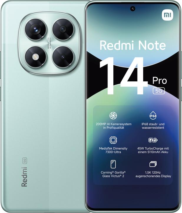Image du produit Xiaomi Redmi Note 14 Pro 5G (256 Go, Coral Green, 6.67", Double SIM, 200 Mpx, 5G)