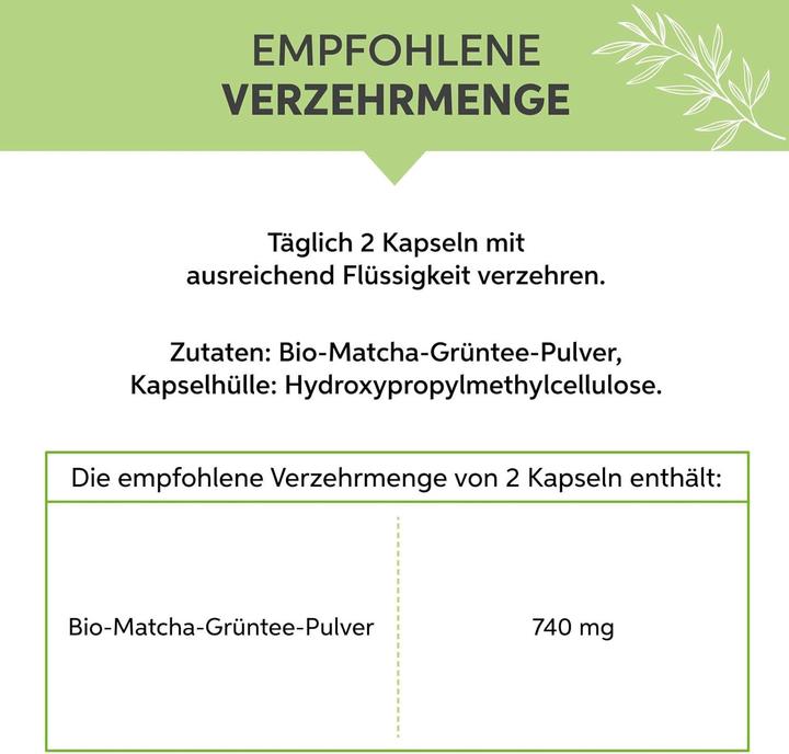 Nährwerte und Zutaten Eltabia Bio Matcha Grüntee Extrakt Kapseln | 100% rein ohne Zusatzstoffe (200 Stück, Kapseln)