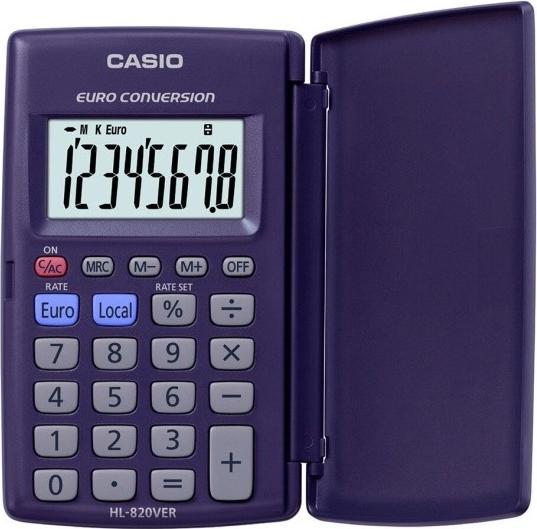 Casio Taschenrechner HL-820VER, 8-stellig, mit Währungsumrechnung, Tausenderunterteilung, Schutzklap (Solarzellen, Batterien)