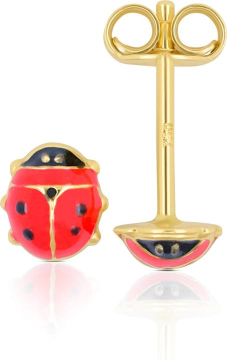 Muau Stud earrings ladybird yellow gold 750 red/black 6mm (750/18K Gelbgold)