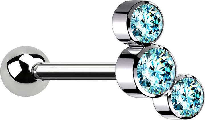 Star Piercing Micro Barbell Innengewinde silber mit Kugel und drei Kristalle aqua (ohne Messing, Titan G23)