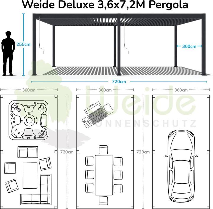 Produktbild Weide Pergola Deluxe Plus 3.6x7.2m mit Lamellendach Anthrazit (360 cm, 720 cm)