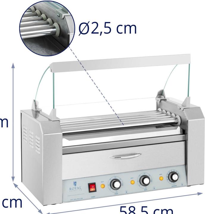 Produktbild Royal Catering Hot Dog Grill 2 Zonen Edelstahl Rollengrill Würstchengrill 5 Rollen 1.420 W