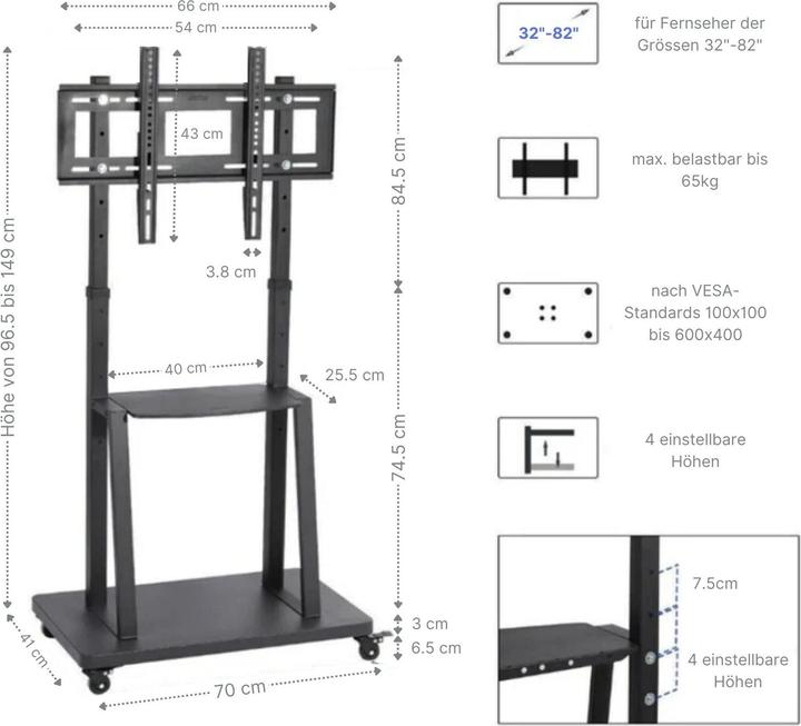 Image du produit Hermex Pied TV universel avec roulettes (Universel, 82", 65 kg)