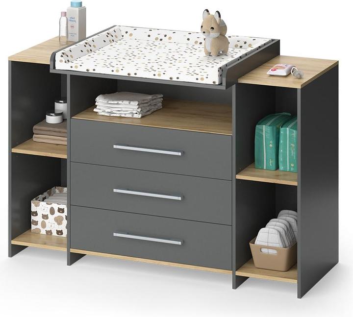 Actual product image Vichy Wickelkommode Oskar, Anthrazit/Goldkraft Eiche, 143.2 x 93 cm mit 3 Schubladen