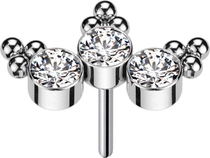 Star Piercing Threadless silber dreiecks Kugeln drei Kristalle silber (ohne Messing, Titan G23)