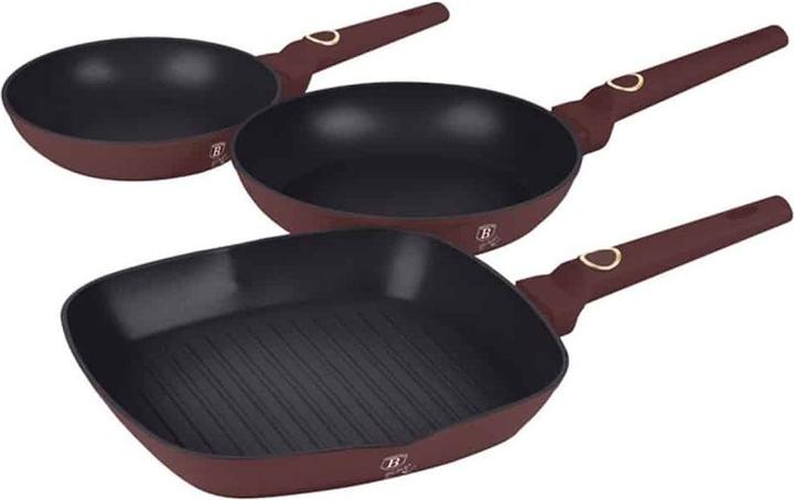 Produktbild BerlingerHaus Design-Pfannen-Set, inkl. 2 Bratpfannen und 1 Grillpfanne, Ã˜ 20/24/28cm, bordeaux (28 cm, Pfannenset + Topfset, Aluminium)