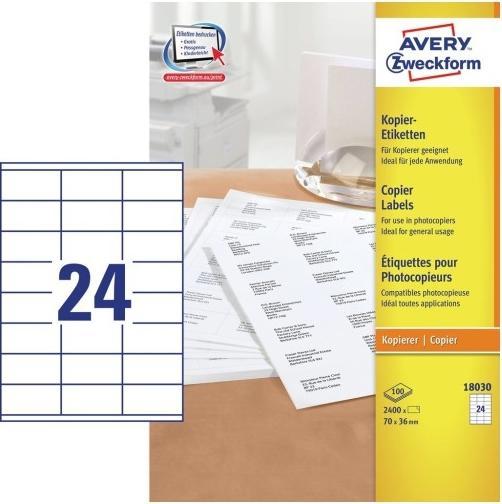Produktbild Avery Kopieretiketten - Permanent klaebemiddel - hvid - 36 x 70 mm 2400 etikette(r) (100 ark x 24) ad