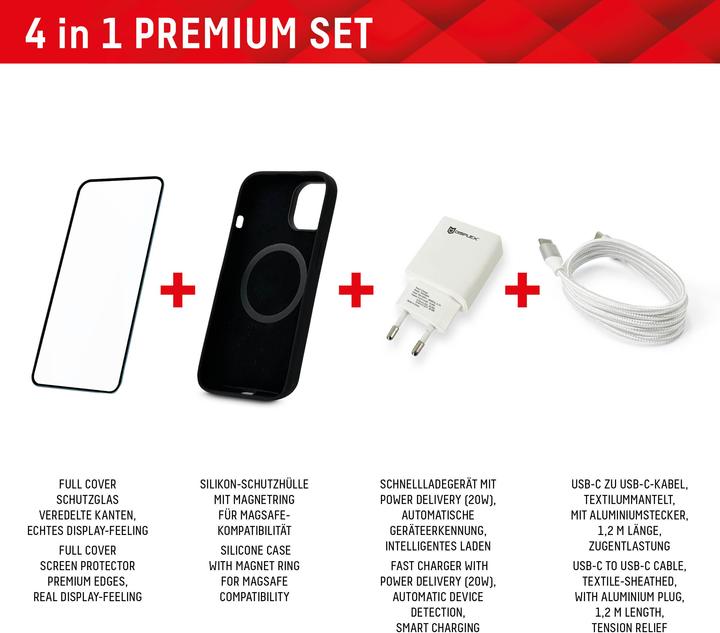 Produktbild Displex 4 in 1 Premium Set (Full Cover Panzerglas, Schutzhülle, Ladegerät, Ladekabel) (1 Stück, Apple iPhone 15 Plus)