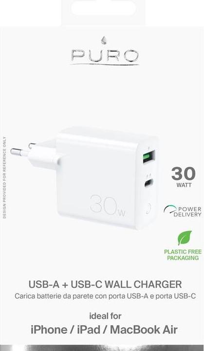Actual product image Puro Mini travel charger USB-A - USB-C, with data transfer, 30 W, white (30 W)