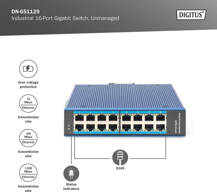 Produktbild Digitus Industrial 16-Port Gigabit Switch, Unmanaged (16 Ports)