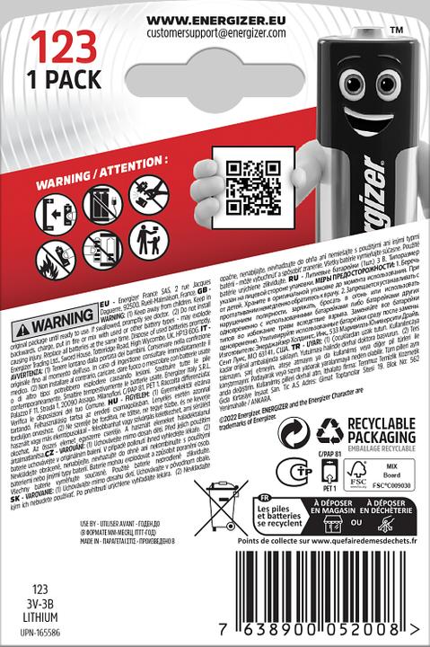 Actual product image Energizer 123 (1 pcs., CR123A, 1500 mAh)