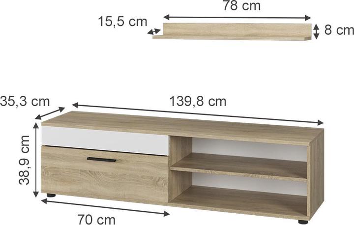 Produktbild Vichy Lowboard & Regal Berno, Sonoma/Weiss, mit 1 Klappe