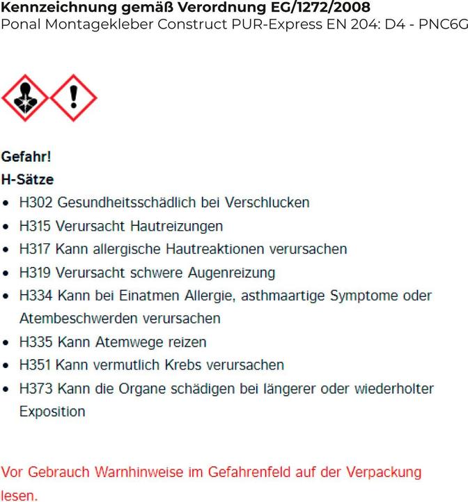Produktbild Ponal PonalConstruct PUR-Express Montagekleber 440g-Kartusche, PNC6G (496 g)