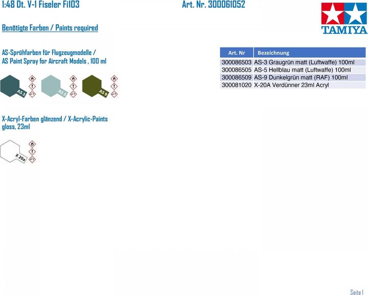 Actual product image Tamiya 1:48 WWII Dt. V-1 Fiseler Fi103