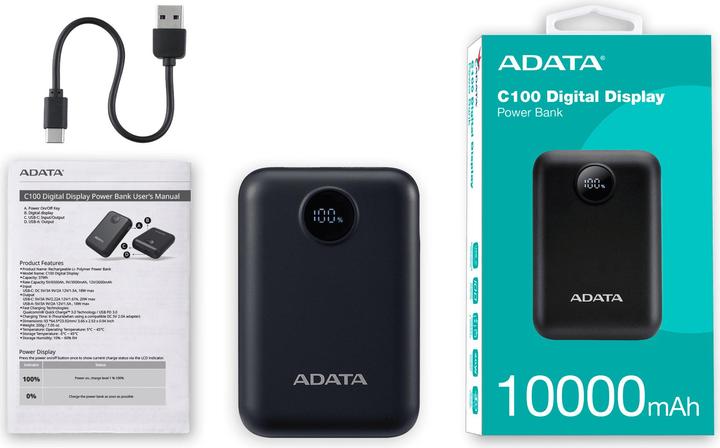 Actual product image Adata Powerbank P10022-12 10000 mAh, Akkutyp: Lithium-Polymer (10000 mAh, 15 W, 37 Wh)