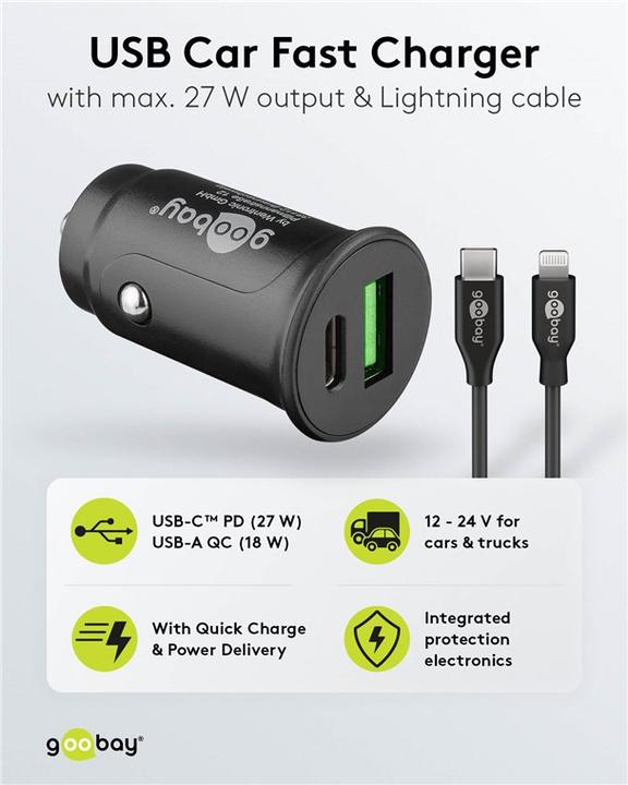 Actual product image Goobay Dual USB car fast charging set USB-C 27 W