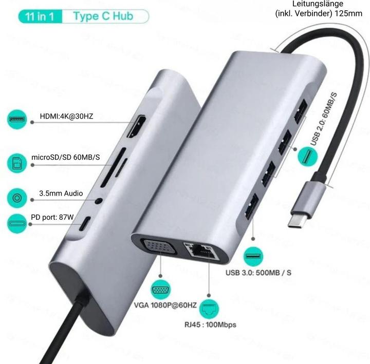 Produktbild Hermex Dockingstation Multi USB-Hub USB-C 11in1 USB-A HDMI microSD/SD RJ45 AUX VGA (USB-C, 11 Ports)