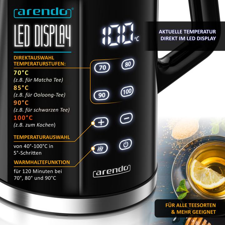 Produktbild Arendo Wasserkocher 1,7 L aus Edelstahl, Temperatureinstellung 40°-100°C mit Anzeige, Doppelwand, 2200 W (1.70 l)
