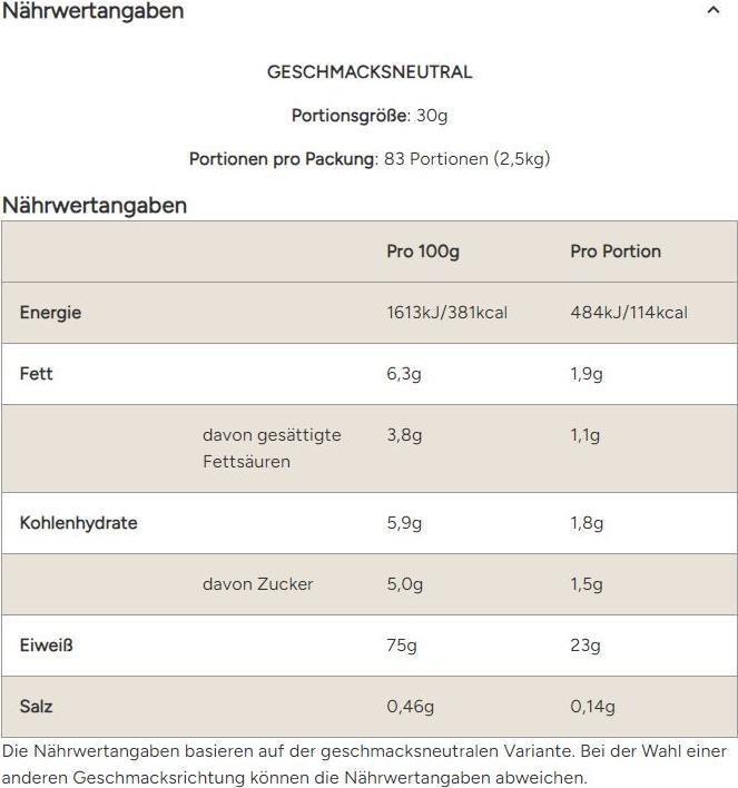 Nährwerte und Zutaten MyProtein Impact Whey Protein (Vanille, 1 Stk., 1000 g)