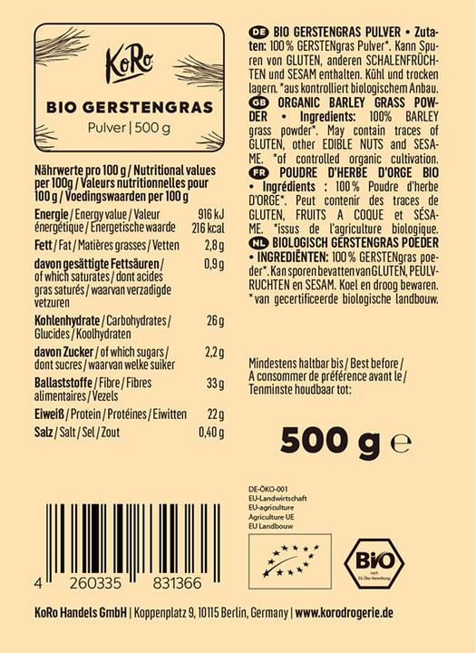 Nährwerte und Zutaten KoRo Bio Gerstengras Pulver (500g)