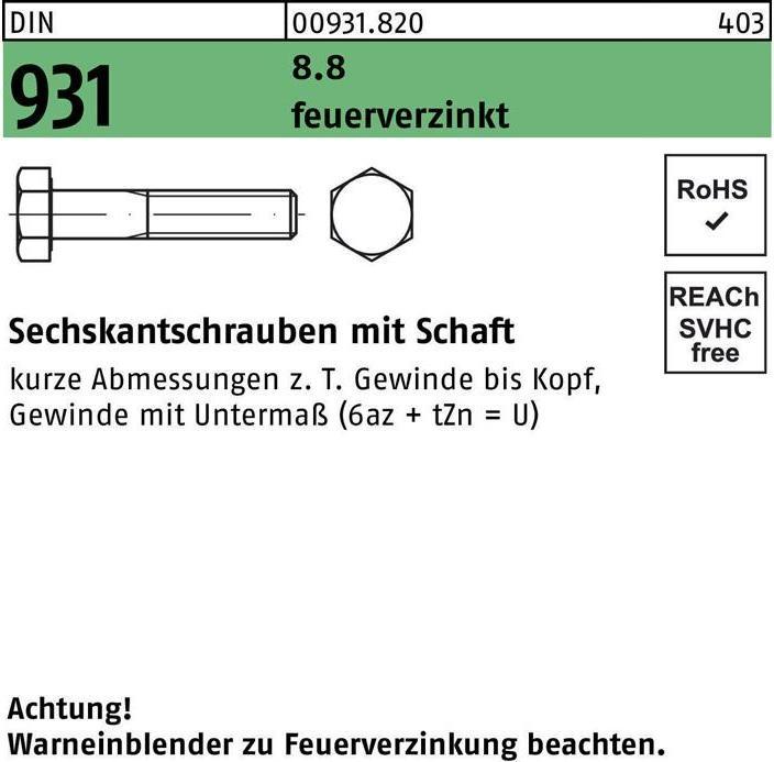 Produktbild Sechskantschraube DIN 931 m.Schaft M 12 x 100 8.8 feuerverzinkt (50 Schrauben pro Stück)
