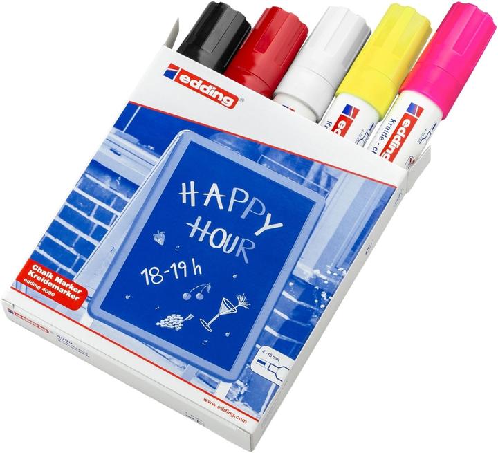 Edding Chalk marker 4090 - bright colours on boards and glass (Neon pink, Neon yellow, Black, White, Red, 15 mm, 5 x)