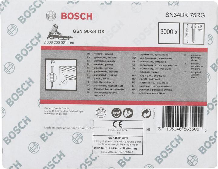 Nährwerte und Zutaten Bosch Professional Zubehör D-Kopf Streifennagel SN34DK 75RG, 2,8 mm, 75 mm, verzinkt, gerillt