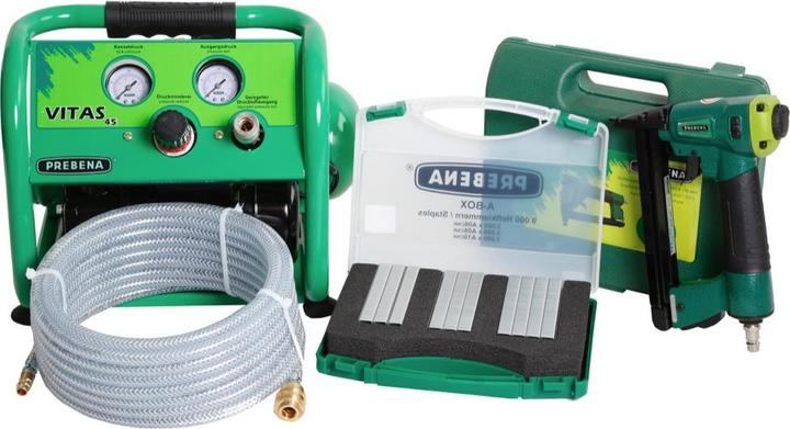 Produktbild Prebena Komplettpaket 1XR-A16 Druckluftnagler + Druckluftschlauch 10m + Kompressor VITAS 45 + A-BOX