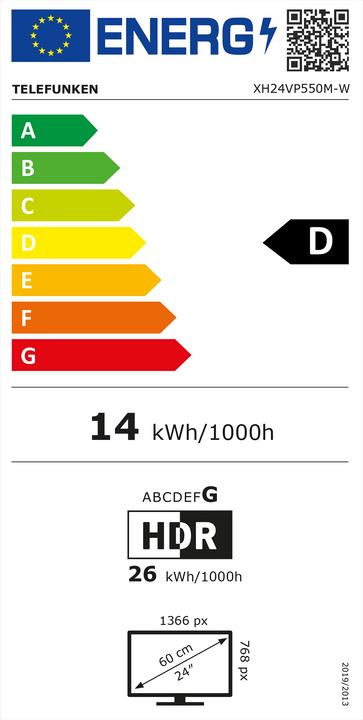 Energie-Label Telefunken Fernseher 24 Zoll Smart TV VIDAA XH24VP550M-W HD Fernseher HDR TV mit Triple-Tuner (24", LED, HD, 2025)
