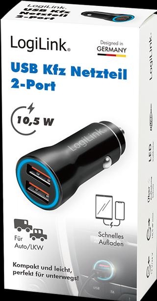 Immagine prodotto LogiLink Alimentatore USB per auto, 2x USB-A, 10,5 W, nero