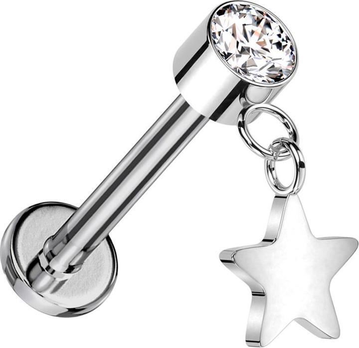Immagine prodotto Star Piercing Labret microfilettato cilindro d'argento cristallo d'argento ciondolo stella d'argento (Titanio G23, senza ottone)