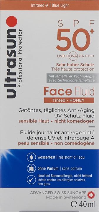 Actual product image Ultrasun Face Fluid SPF50+ Tinted HONEY (Sun lotion, SPF 50+, 40 ml, 72 g)