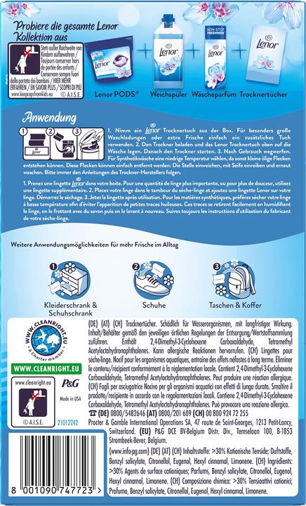 Nährwerte und Zutaten Lenor Trocknertücher Aprilfrisch (34 Waschgänge, Waschtücher)