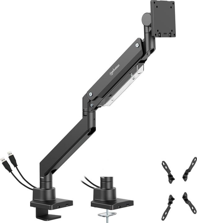 Produktbild Manhattan Tischhalterung mit USB-Ports und Gasdruckfeder mit extrem hoher Traglast für einen Monitor, Aluminiu (Tisch, 57")