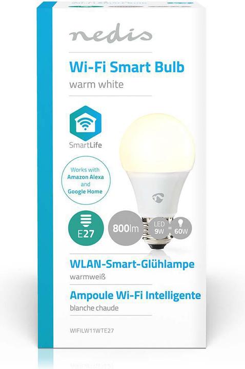 Image du produit Nedis SmartLife - WLAN LED Bulb - E27 - A60 - 800 lm - 9 W - blanc chaud - commande vocale - intégré (E27, 9 W, 800 lm, 1 x, F)