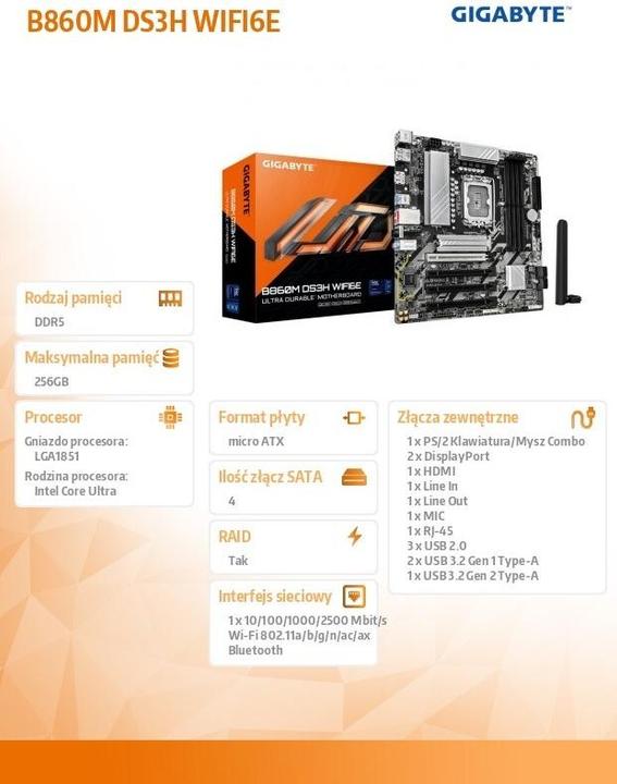 Actual product image Gigabyte MB GBT Intel 1851 B860M DS3H WIFI6E (LGA 1851, Intel B860, mATX)