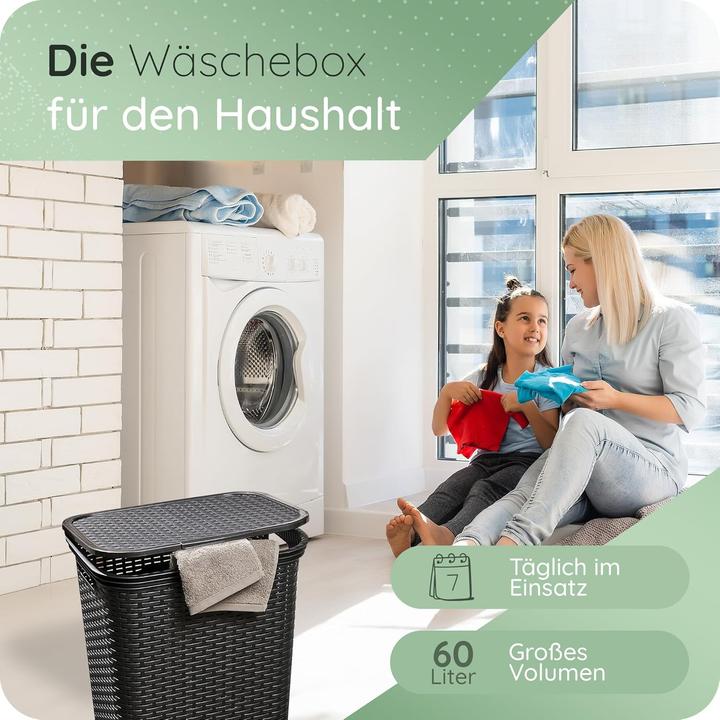 Produktbild Novaliv 3 Stück Rattan Wäschekorb mit Deckel 60L Schwarz, Wäschebox Set Wäscheeimer Wäschebehälter m (60 l)