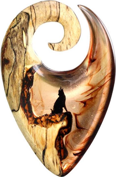 Star Piercing Ohrgewicht Spirale Tropenwolf auf Berg Epoxy orange aus Tamarind Holz (Organisch, ohne Messing)