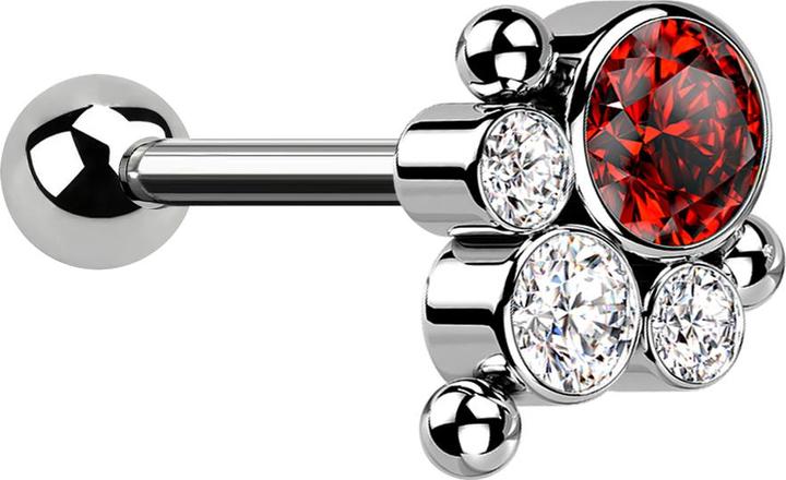 Star Piercing Micro Barbell Threadless silber mit Kugel und drei Kugeln vier Kristalle silber und rot (Titan G23, ohne Messing)