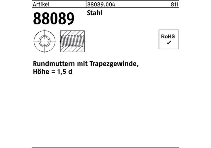 Image du produit Écrou rond R 88089 avec filet trapézoïdal TR 12 x 3 -22 acier hauteur=1,5d