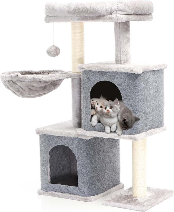 Actual product image Fudajo Cat Tree Grey with Sisal 89.5cm Scratching Post with 2 Caves Scratch Tree with 2 Cat Houses (89.50 cm, Grey)