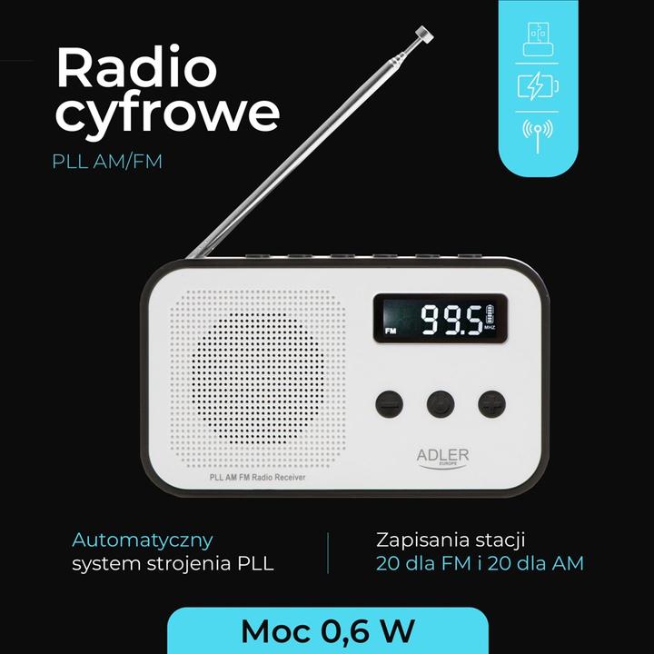 Image du produit Adler Interactive solution | Digital radio PLL AM/FM | AD 1907 | Alarm function | White/Black (AM, PLL, FM, VHF)