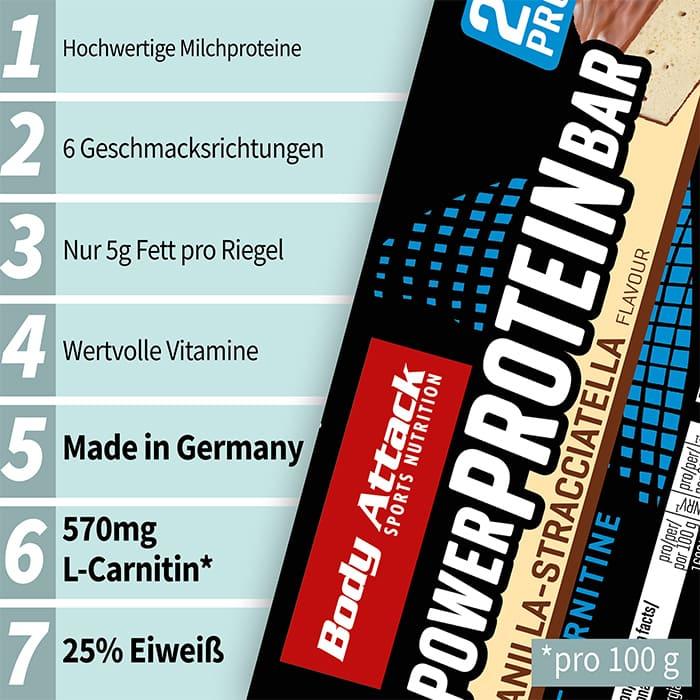 Nährwerte und Zutaten Body Attack Power Protein Bar (24x35g Riegel) (Vanille, Stracciatella, 24 Stk., 840 g)