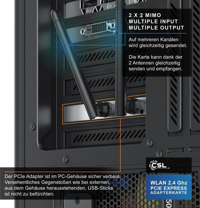 Actual product image CSL WLAN network card 2.4 Ghz PCIe, 300 Mbit/s WiFi adapter card with 2x external antennas (Mini PCI Express)