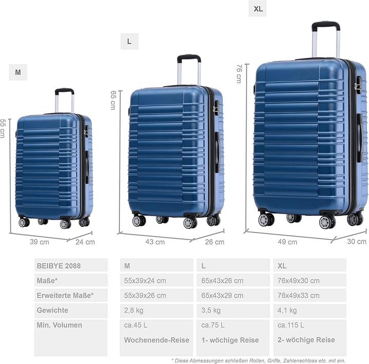 Actual product image Beibye Hard Shell Suitcase Blue Set (115 l, M (50 - 90l), L (90 - 115l), XL (from 140l))