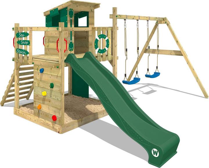 Actual product image Wickey Spielhaus Klettergerüst Smart Camp mit Schaukel & grüner Rutsche, Baumhaus mit Sandkasten